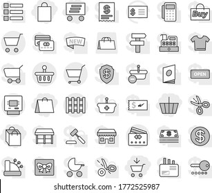 Editable thin line isolated vector icon set - add to cart, basket, shopping bag, delivery, pallet, atm, credit card, receipt vector, gift, dollar coin, cash, new, open, market, store, buy, reader