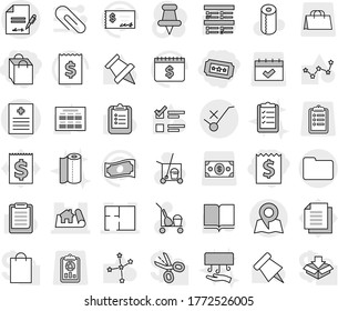 Editable thin line isolated vector icon set - receipt, shopping bag, ticket, recipe vector, project, plan, documents, do not trolley sign, inventory, map, cleaner, toilet paper, towel, hand dryer