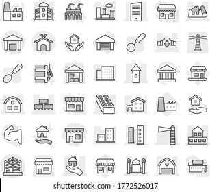 Editable thin line isolated vector icon set - shop, tower, drawbridge, project, cottage, skyscrapers, skyscraper, lighthouse, minaret, building, block wall, brick, barn, city, house, real estate