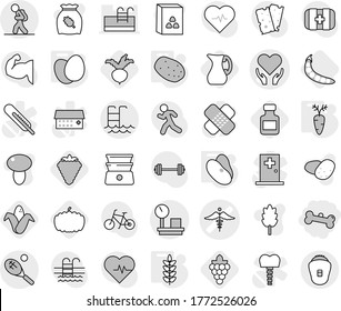 Editable thin line isolated vector icon set - bone, health care vector, ambulance sign, warehouse scales, tourist, pool, tennis, eggs, potato, spikelets, beans, carrot, berry, grape, corn, beet, jug