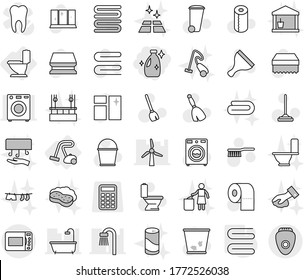 Editable thin line isolated vector icon set - cleanser, toilet, vacuum cleaner, towel, scraper vector, broom, fetlock, mop, bucket, sponge, trash bin, window cleaning, washer, shining, paper, powder