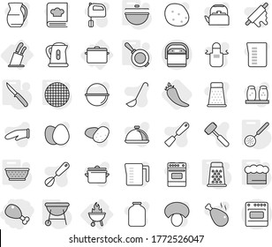 Editable Thin Line Isolated Vector Icon Set - Chicken Leg, Stands For Knives, Pan, Bbq, Cauldron, Colander, Chief Hat, Skimmer, Knife, Grater, Sieve, Hot Pepper, Vector, Camping, Kettle, Apron, Oven