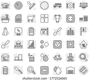 Editable thin line isolated vector icon set - magnifier, cottage, customs control, hotel, barometer, power socket, sim card vector, chef knife, fork spoon plate, cookies, cow, towel, shining window