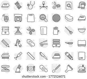 Editable thin line isolated vector icon set - pencil, ruler, cafe, cutting board, stands for knives, wireless mouse vector, drawing pen, kitchen scales, garlic clasp, big spoon, double boiler, sieve