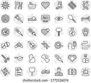 Editable thin line isolated vector icon set - heart cross vector, medical thermometer, dna, syringe, label, crutch, monitor pulse, dropper, tooth implant, intestines, virus, doctor, chemical, bed