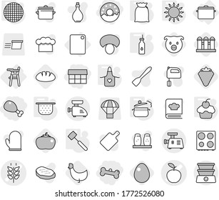 Editable thin line isolated vector icon set - market, chicken leg, bone, donut, apple vector, spikelets, Chair for babies, cutting board, pan, steam, vegetable oil, colander, apron, meat hammer, pig
