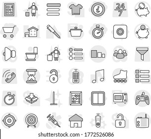 Editable thin line isolated vector icon set - cart, stopwatch, info, sorting, sand clock, power switch, ring button, remote control vector, pan, microwave oven, toilet, rake, garbage bin, pen, music
