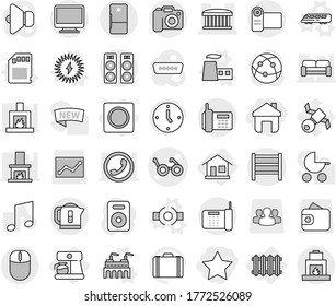 Editable thin line isolated vector icon set - home, star, pacemaker vector, airport building, phone, rack, camera, radiator, coffee maker, ring button, connect, factory, speed train, sd card, music