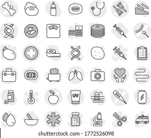 Editable thin line isolated vector icon set - doctor bag vector, medical cross, ambulance star, thermometer, dna, crutch, broken bone, stethoscope, apple, sperm, lungs, intestines, health care, soap