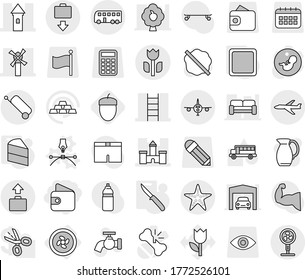 Editable thin line isolated vector icon set - wallet, tower, castle, windmill, stairs, perishable, plane, bus, suitcase, baggage get, starfish, cooler fan, drawing pen vector, cutting board, knife