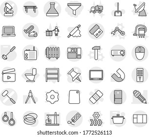 Editable thin line isolated vector icon set - funnel, flask vector, microscope, doctors hammer, pencil, consolidated cargo, toilet, rack, satellite antenna, conveyor, robot hand, pan, whisk, scoop