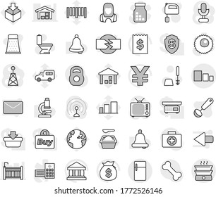 Editable thin line isolated vector icon set - sorting, toilet vector, brush, washing powder, cleaner woman, ladle, grater, mixer, microscope, bell, bank, money bag, receipt, yen sign, weight, bone