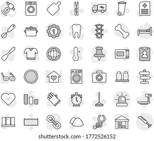 Editable thin line isolated vector icon set - bed, mop vector, clothespin, trash bin, washer, rubber glove, shining window, garbage pile, washing machine, pan, whisk, spatula, cutting board, spices