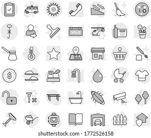 Editable thin line isolated vector icon set - unlock, baby stroller, microbe vector, shop, phone, clipboard check, do not hook sign, basket, sun, thermometer, fence, slippers, helicopter, no signal