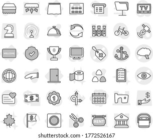 Editable thin line isolated vector icon set - calendar, eye vector, medical label, brain, library, slum, palace, anchor, curtain, door, ring button, welcome mat, sponge, maple leaf, toilet paper, tv
