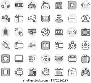 Editable thin line isolated vector icon set - surveillance, intercome, camera, tv, web vector, vr helmet, projector, cinema clap, film spool, gamepad, video, remote control, play button, pause, stop