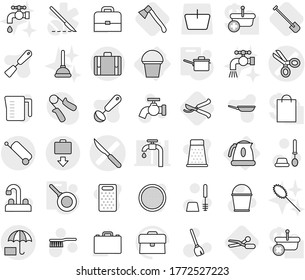 Editable thin line isolated vector icon set - scissors vector, scalpel, insurance, suitcase, baggage get, bucket, kettle, saute pan, shovel, axe, pruner, broom, fetlock, water tap, toilet brush