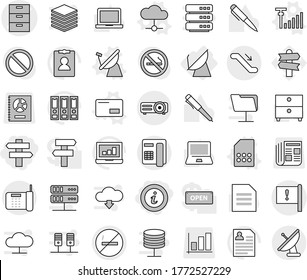 Editable thin line isolated vector icon set - singlepost, info, archive vector, important flag, escalator, no smoking, satellite antenna, cloud, envelope, sim card, signal, pen, notebook pc, binder