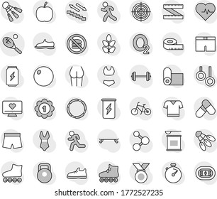 Editable thin line isolated vector icon set - tennis, diet vector, barbell, measuring, heart pulse, stopwatch, bike, weight, fitball, buttocks, snickers, shorts, swimsuite, t shirt, roller Skates