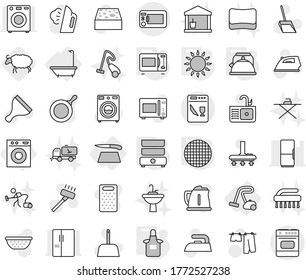 Editable thin line isolated vector icon set - bath, washing machine, cutting board, vacuum cleaner, kettle, apron, microwave oven, gas, double boiler, sieve, sheep, scraper vector, scoop, sponge