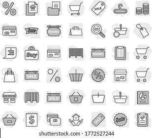 Editable thin line isolated vector icon set - cart, basket, receipt, remove from, delete, shopping list, label, sale, percent, bar code, hanger, house hold vector, office, cargo search, shop, card