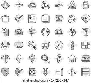 Editable thin line isolated vector icon set - route vector, signpost, navigator, earth, map pin, office, plane, satellite, traffic light, phone, 24, traking, ship, truck trailer, clock, receipt, dry