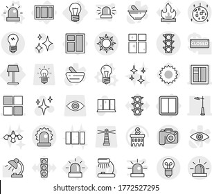 Editable thin line isolated vector icon set - window, outdoor light, traffic, alarm, sun, disco ball, camera, bulb, power switch, floor lamp, vector, siren, shining, clean, hard reach place cleaning