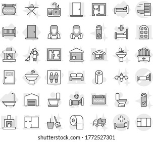 Editable thin line isolated vector icon set - wc, hospital bed vector, door, arch window, plan, hotel, sink, bath, dresser, crib, fireplace, toilet, paper, water closet, cleaner woman, utility room