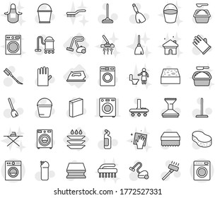 Editable thin line isolated vector icon set - iron, vacuum cleaner, plate washing, broom vector, mop, bucket, sponge, car fetlock, washer, powder, cleaning agent, rubber glove, wiping, house, brush