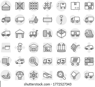 Editable thin line isolated vector icon set - box, delivery, cargo stoller, warehouse, sea shipping, loading crane, trolley, top sign, do not hook, courier, search, railroad, pallet, fast deliver