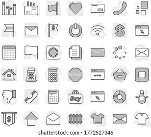 Editable thin line isolated vector icon set - remove from basket, radiator, ring button, on off vector, envelope, phone, wireless, browser window, grater, apron, calculator, flag, arrow up, dollar