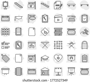 Editable thin line isolated vector icon set - store signboard, pacemaker vector, under construction, presentation, stairs, clipboard pen, check, inventory, pallet, surfer, iron board, cutting, chip