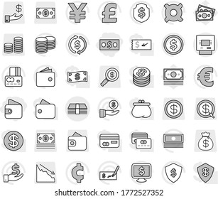 Editable thin line isolated vector icon set - money, wallet, atm, exchange vector, dollar coin, credit card, cash, investment, stack, check, shield, monitor, any currency, euro sign, pound, yen, bag