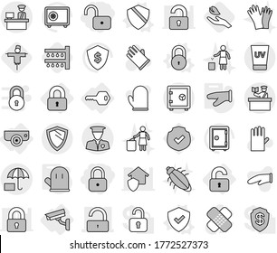 Editable thin line isolated vector icon set - lock, unlock, customs control, security man, insurance, inspector, uv cream, safe, shield, locked, unlocked, key, surveillance camera, vector, watering