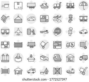 Editable thin line isolated vector icon set - cargo stoller, journey, warehouse, delivery, car shipping, loading crane, consolidated, trolley, dry, top sign, courier, package, railroad, cruise ship