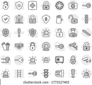 Editable thin line isolated vector icon set - unlock, doctor case vector, stairs, alarm, security man, detector, first aid, surveillance, key, lifebuoy, locked, unlocked, intercome, camera, shield
