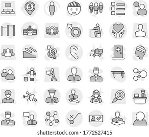 Editable thin line isolated vector icon set - dollar pin, list, male sign vector, hospital, ear, health care, client, customs control, do not trolley, security man, check in, vacuum cleaner, student
