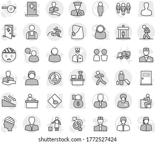 Editable thin line isolated vector icon set - broken hand vector, doctor, under construction, client, support manager, customs control, security man, workman, tourist, detector, passenger, surfer
