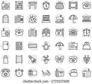 Editable thin line isolated vector icon set - bow, purse, phone, disco ball, dresser, stool, fridge, plug vector, windmill, washboard, apron, kettle, hand mill, glasses, alarm clock, abacus, rocket