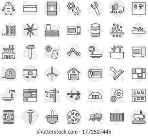 Editable thin line isolated vector icon set - tools, nail, bunker, hangare, modular house, factory, measuring tape, tower crane, barrel, fork loader, railroad shipping, repair, gears vector, filter