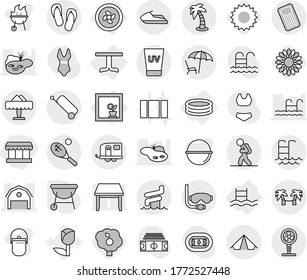 Editable thin line isolated vector icon set - market, barn, trailer, tourist, suitcase, tent, lounger, uv cream, palm, pool, aquapark, restaurant, diving mask, tennis, jet ski, hammock, flip flops