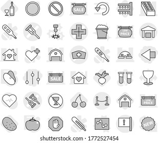Editable thin line isolated vector icon set - left arrow, equalizer, crutch vector, medical hat, cross, brick, barn, dome house, important flag, warehouse, vip fence, laser, analytics, tomato, beans