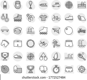 Editable thin line isolated vector icon set - t shirt, bike, stadium, stopwatch, car baggage, deltaplane, motorcycle, pool, tennis, jet ski, yacht, windsurfing, horse, award cup vector, weight, hoop