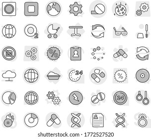 Editable thin line isolated vector icon set - percent, baby stroller, dna vector, pill, globe, earth, disco ball, electricity, table, washing, ring button, gear, gears, cd, toilet brush, glasses