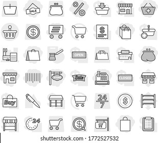 Editable thin line isolated vector icon set - purse, add to basket, shop, shopping bag, sale, percent, bar code, cashbox, delivery, store signboard, mall, turk, pen vector, dollar coin, cart, office