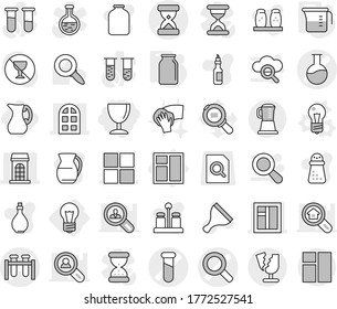 Editable thin line isolated vector icon set - wineglass, magnifier vector, sand clock, test vial, flask, building, window, arch, broken, bulb, measuring cup, bank, jug, scraper, wiping, oil, spices