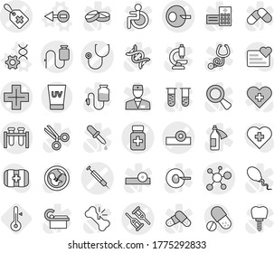 Editable thin line isolated vector icon set - artificial insemination vector, medical label, crutch, stethoscope, pills bottle, head reflector, test vial, virus, dropper, syringe, cross, uv cream