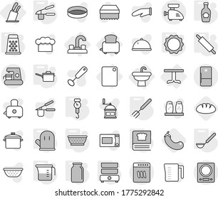 Editable thin line isolated vector icon set - water tap, sink, table, toaster, cutting board, stands for knives, saute pan, colander, measuring cup, handle scales, cook glove, garlic clasp, ladle