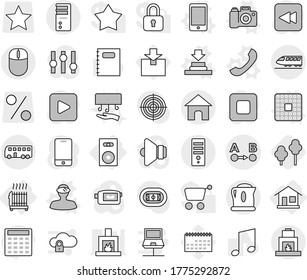 Editable thin line isolated vector icon set - route a to b, train, bus, home, speaker, radiator, cpu vector, press, phone, vr helmet, camera, trees, hand dryer, copybook, music, calculator, target