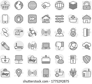 Editable thin line isolated vector icon set - ambulance helicopter vector, unlock, globe, basket, home, plug, antenna, link, pencil, notebook pc, earth, map pin, satellite, mobile phone, finger down